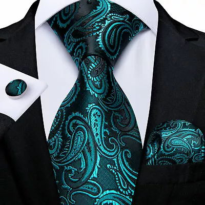 DiBanGu Green Silk Woven Mens Tie Teal Paisley Solid Necktie Hanky Cufflinks Set • £8.81