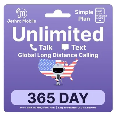 $6.25/Mo Jethro Mobile Sim Card Basic 12 Month Plan - Unlimited Talk & Text • $80