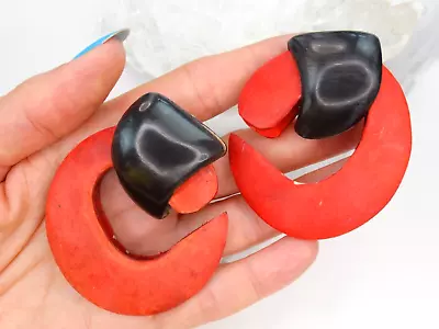 Monies Gerda Lynggaard Vtg Abstract Red Blk Horn Chunky 2.3  Dangle Big Earrings • $19.99