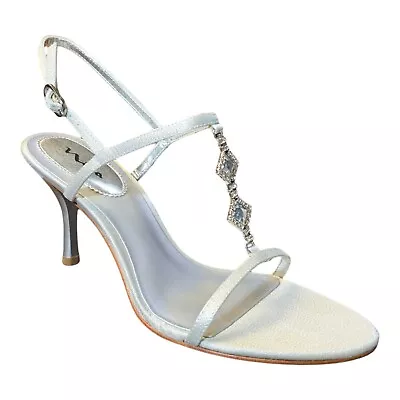 Nina Women's Silver Glimmer Diamond Strappy Stiletto Sandal Heels 8M NIB • $39.99
