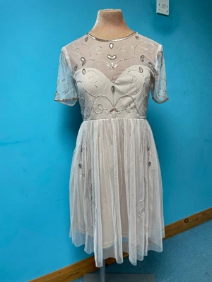 £2.99 • Buy Cream Net Silver Sequin & Bead Short Sleeve Fairy Pixie Festival Dress 8