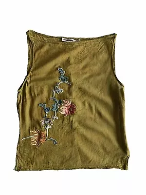Vintage Vivienne Tam Green Sleeveless Top W/ Multicolored Floral Embroidery  • $250