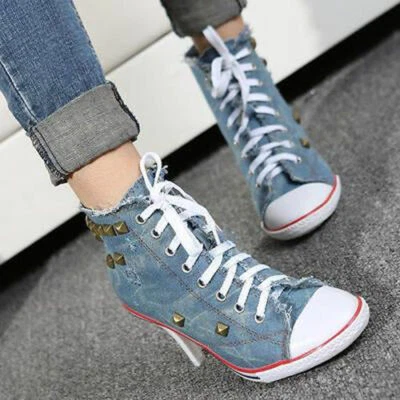 $62.66 • Buy Hot Womens Lace Up Punk Denim Canvas Rivet High Heel Stilettos Sneakers Shoes Sz