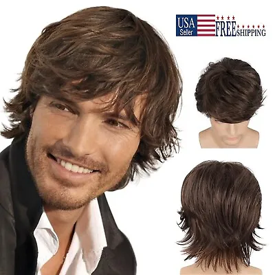 Thin Part Wig Human Hair Mens Wig Brown Short Layered Natural Wave Synthetic USA • $11.17
