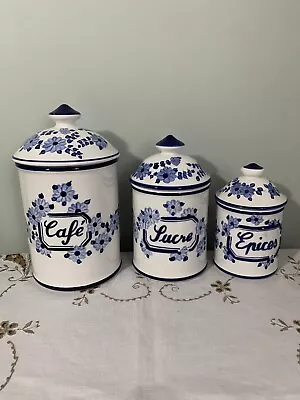 3 Vintage French Storage Jars Blue White Ceramic Floral  • £24.99