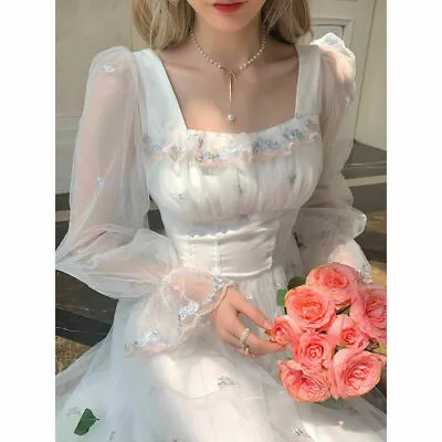 2022 Dress Woman Vintage Embroidered Floral Bell Sleeve Prom Dress • $69.82