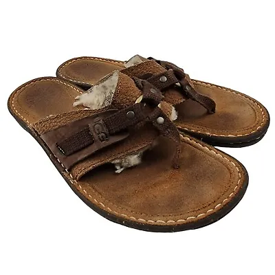 UGG Womens 10 Sherpa Lined Flip Flops Fuzzy Leather Sandals Slippers Slip On • $29.97