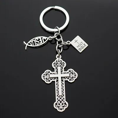 $6.19 • Buy Cross Design Jesus Fish Christian Holy Bible Charms Keychain Gift Key Chain Ring