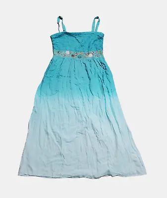 Soft Surroundings Ombre Teal Blue Smocked Boho Maxi Dress Embroidered Womens PL • $20