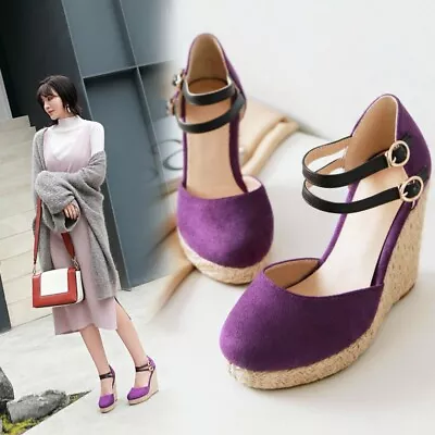Women New Wedge Sandals Closed High Heel Ankle Strap Buckle Platform Shoes Pumps • $41.88