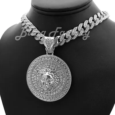 Hip Hop Silver Medusa Head Pendant & 16  18  20  Full Iced Cuban Chain Necklace • $20.99