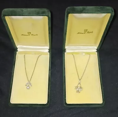 2x VINTAGE MIKIMOTO PEARL PENDANT ON STERLING CHAIN WITH ORIGINAL BOXES • $249.88