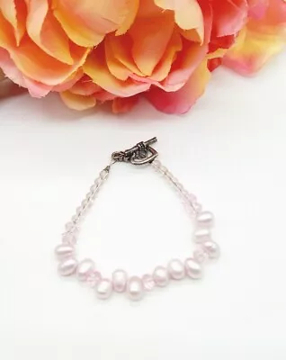 Vintage Bracelet Genuine Freshwater Pearl Light Baby Pink Bead Silver Toggle • $10