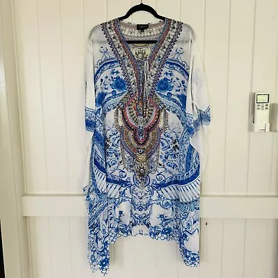 CZARINA Blue White Lace Up Kaftan Short Mini Dress Embellished One Size • $179.99