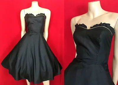 PINUP Rockabilly VINTAGE 1980s 80s BLACK 1950s 50s Insp. STRAPLESS DRESS Sz XS-S • $56