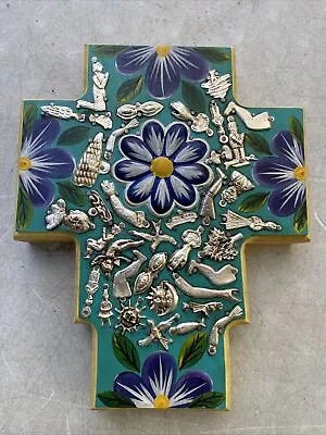 Mexican MILAGROS CROSS Wood Cross LG  10”x 9” X 2” Mexican Folk Art • $49.99