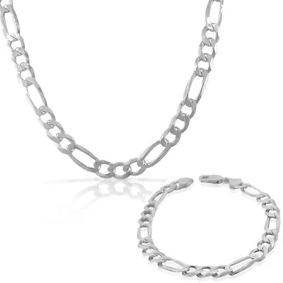 Sterling Silver Mens Figaro Link Chain Necklace Bracelet Set - Made In Italy • $199.99