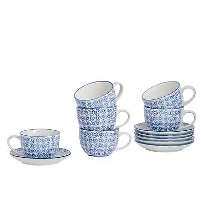 12 Piece Hand-Printed Cappuccino Cup & Saucer Set Tea Coffee Cups 250ml Navy • £24