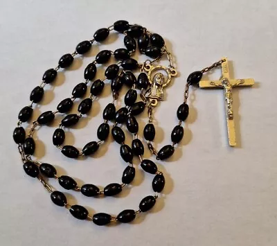 Vintage INRI Black Faux Seed Bead Beaded ROSARY - Italy - Hamgs 18  Inches • $10