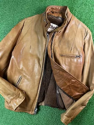 Vintage 70s Schott New York City Sun Faded Brown Leather Lined Motorcycle Jacket • $189.99