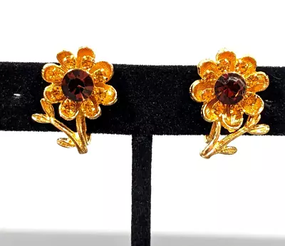 Vintage Rhinestone Daisy Flower Clip On Earrings Brown Golden • $6.99