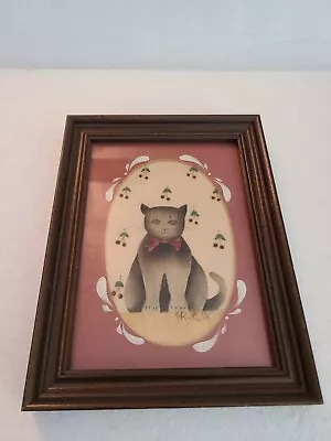 VTG Americana Primitive Folk Art Framed Oil Painting Signed R. Ross KITTY CAT ❤️ • $21.99