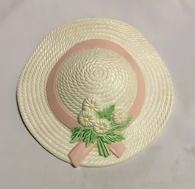 Vintage Burwood Wall Pocket Straw Hat Cream W/ Pink Ribbon Daisies HOMCO • $12.99