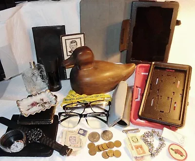 COLLECTIBLE Vintage JUNK DRAWER LOT DUCK Decoy WATCHES COINS STAMPS BOTTLES • $24.95