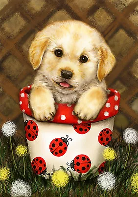 NEW LARGE TOLAND POTTED PUPPY FLAG GOLDEN RETRIEVER LAB PUPPY LADYBUGS 28 X 40 • $22