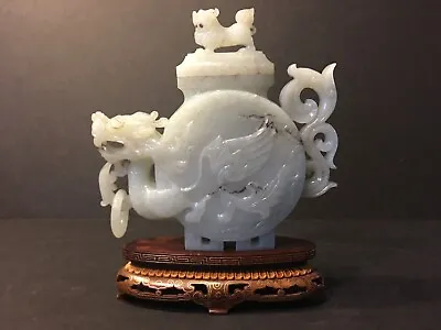 OLD Large Chinese White Jade Dragon Boat Teapot Vase With Foo Dog Qing Dynasty • $3500