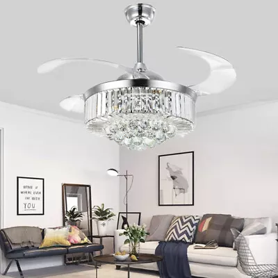 42  Silver Remote Invisible Ceiling Fans Lamps Crystal LED Chandeliers Lighting • $108.99