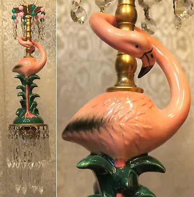 $259 • Buy Pink Flamingo Bird Swag Lamp Chandelier Glass Crystal Brass Porcelain Beaded Dsg