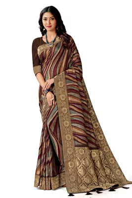 Designer Brown Digital Print Embroidery Work Sari Viscose Silk Party Wear Saree • $104.95