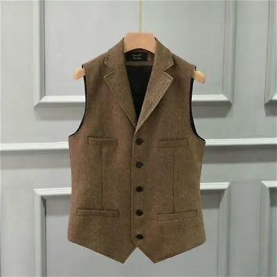 Men Tweed Waistcoat Lapel Herringbone Vest Tops Gilet Formal Suit Top Retro Look • $57.76