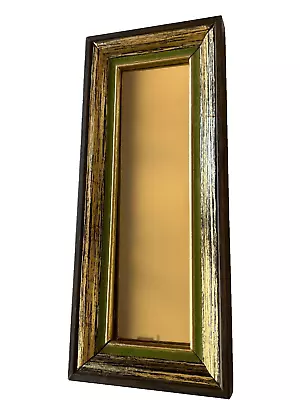 Vintage Accent Mirror Gold Brown Wood Tone Green Velvet 12x5 Mid Century Modern • $14.99