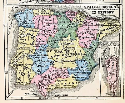 1855 Spain France Portugal Map Paris Lisbon Madrid Normandy Brittany Gibraltar • $45.88