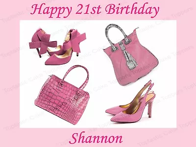 Personalised Pink Shoes & Handbags Edible Icing Birthday Party Cake Topper • £4.65