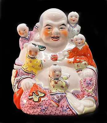 Laughing Buddha Chinese Famille Rose Porcelain With Children Statue 8”x 7 1960's • £64.12