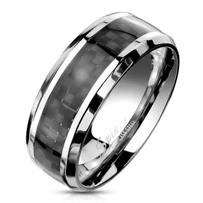 New Steel Ring With Black Carbon Fibre Inlay Mens Fashion Wedding Band (B39) • £4.99