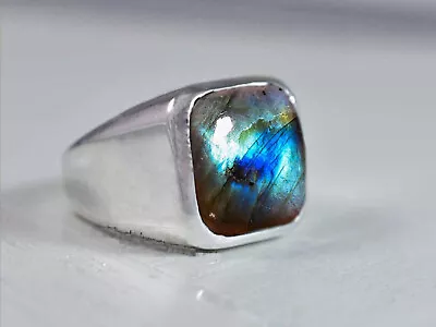 Solid 925 Sterling Silver Natural Blue Fire Labradorite Gemstone Huge Mens Ring • $41.75