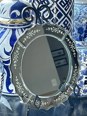 Vtg Venetian Round Mirror Dresser Vanity Tray Ornate Floral Etched Cut Glass 10” • $99