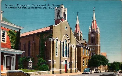 Postcard Shenandoah PA St Johns Evangelical Church & St George Lithuanian Church • $4.99