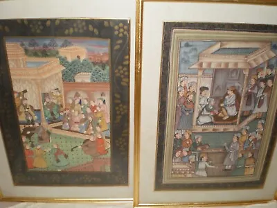 Vtg Set 2 Mughal Or Indian Persian Painting On Silk Courtyard Scene Muslim King • $69.99