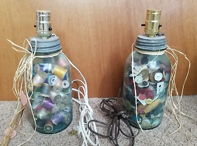 Vintage Lot Of 2 Blue Ball Perfect Mason Jar Lamps Mix Button Thread Half Gallon • $35