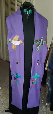 Clergy Officiant Stole Vestment Purple Beautiful Whimsical Embroidery Hand Made • $31.50