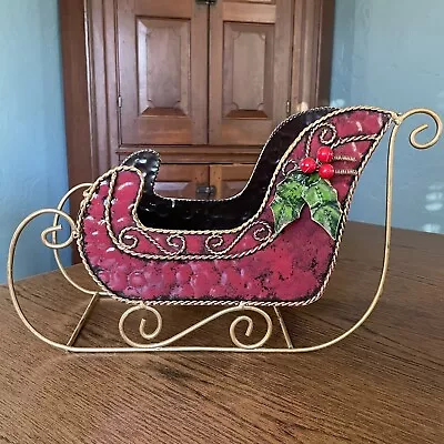 Victorian Christmas Sleigh Deep Red & Gold Hammered Metal 16” X 10” X 6” Decor • $19.99
