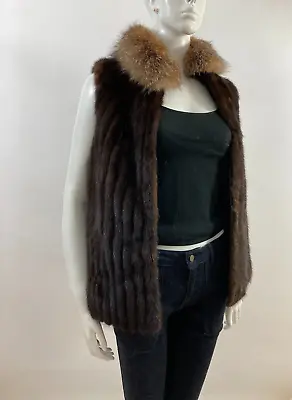 Sz L - Beautiful RIBBED Dark Brown Mink Fur Vest Coat With Crystal Fox Collar • $229.99