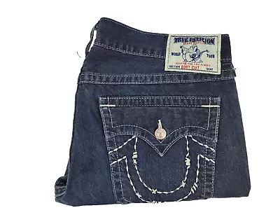 True Religion Mens Bootcut Jeans Size 40x28 Blue Dark Wash Denim Flap • $49.99