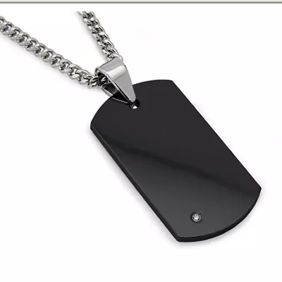 Men's Black Tungsten Carbide Dog Tag Real Diamond 24  Steel Curb Link Chain • $39.89