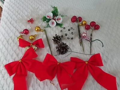 Lot Vintage Christmas Floral Picks Christmas Balls Bows Pinecones Plastic  • $9.95